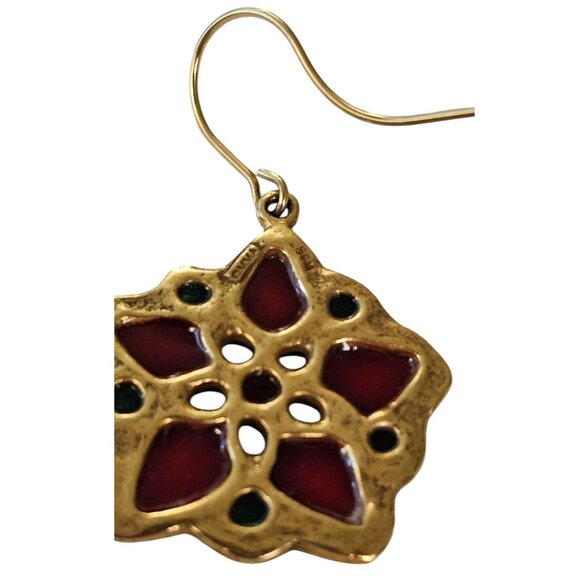 MMA Plique-A-Jour Style French Hook Poinsettia Earrings, Signed L514 - Picture 8 of 11